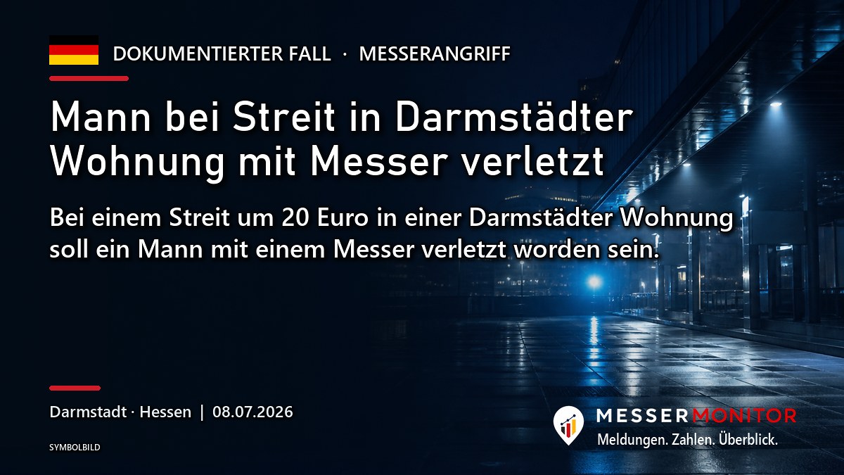 Titelgrafik: Mann bei Streit in Darmstädter Wohnung mit Messer verletzt. Bei einem Streit um 20 Euro in einer Darmstädter Wohnung soll ein Mann mit einem Messer verletzt worden sein..