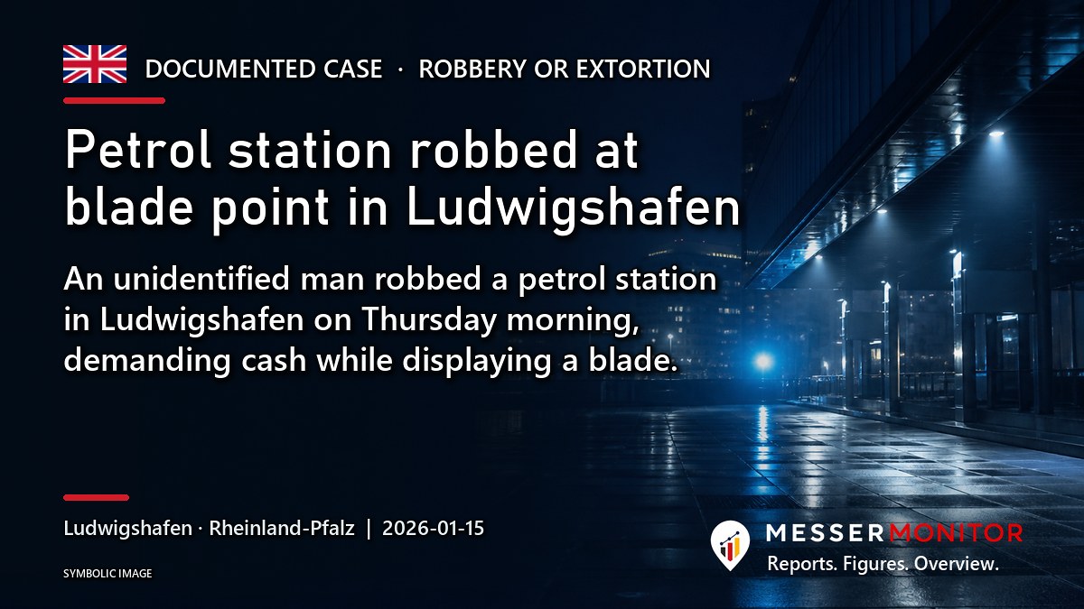Title image: Petrol station robbed at blade point in Ludwigshafen. An unidentified man robbed a petrol station in Ludwigshafen on Thursday morning, demanding cash while displaying a blade..