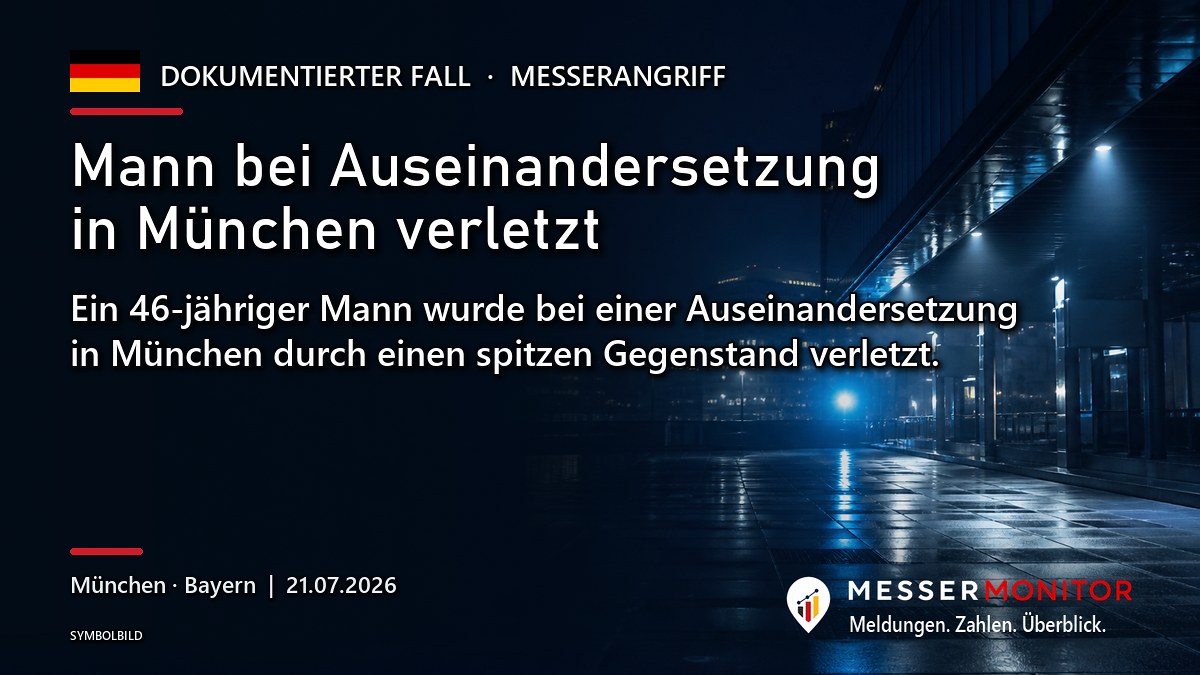 Titelgrafik: Mann bei Auseinandersetzung in München verletzt. Ein 46-jähriger Mann wurde bei einer Auseinandersetzung in München durch einen spitzen Gegenstand verletzt..