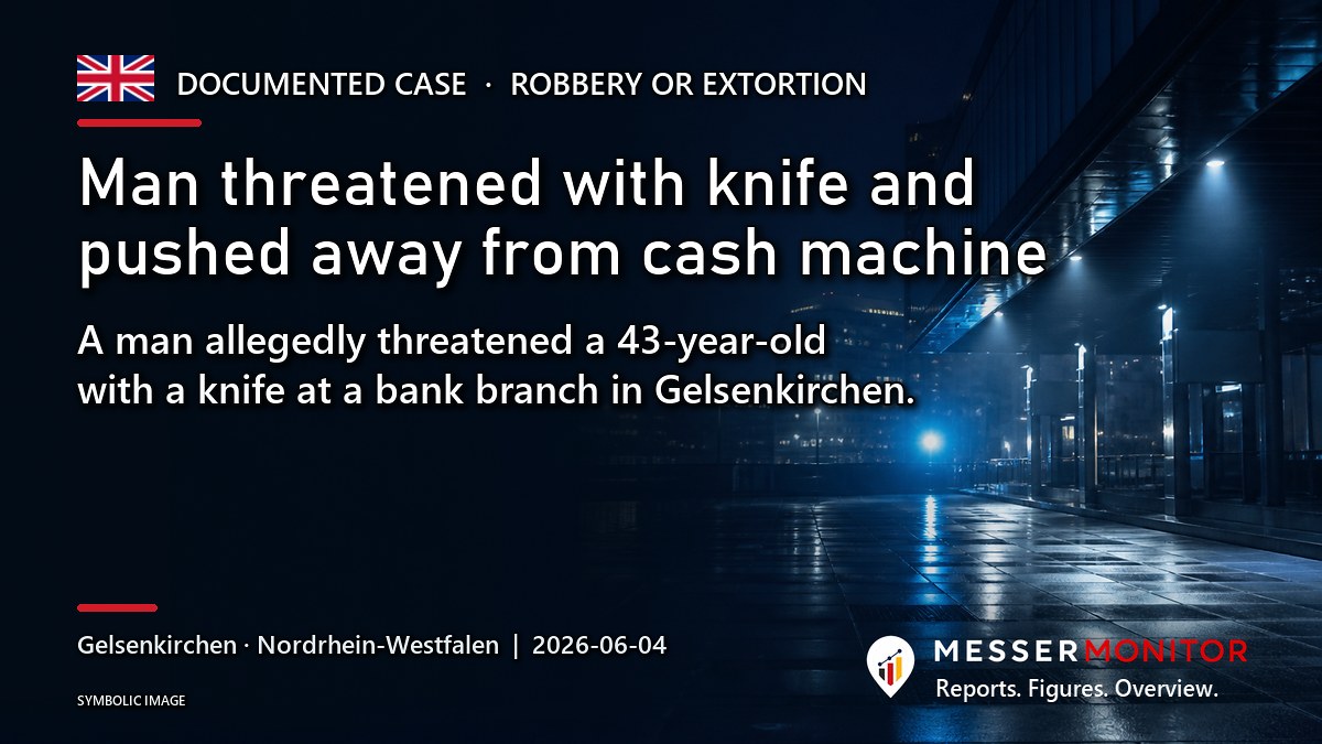 Title image: Man threatened with knife and pushed away from cash machine. A man allegedly threatened a 43-year-old with a knife at a bank branch in Gelsenkirchen..