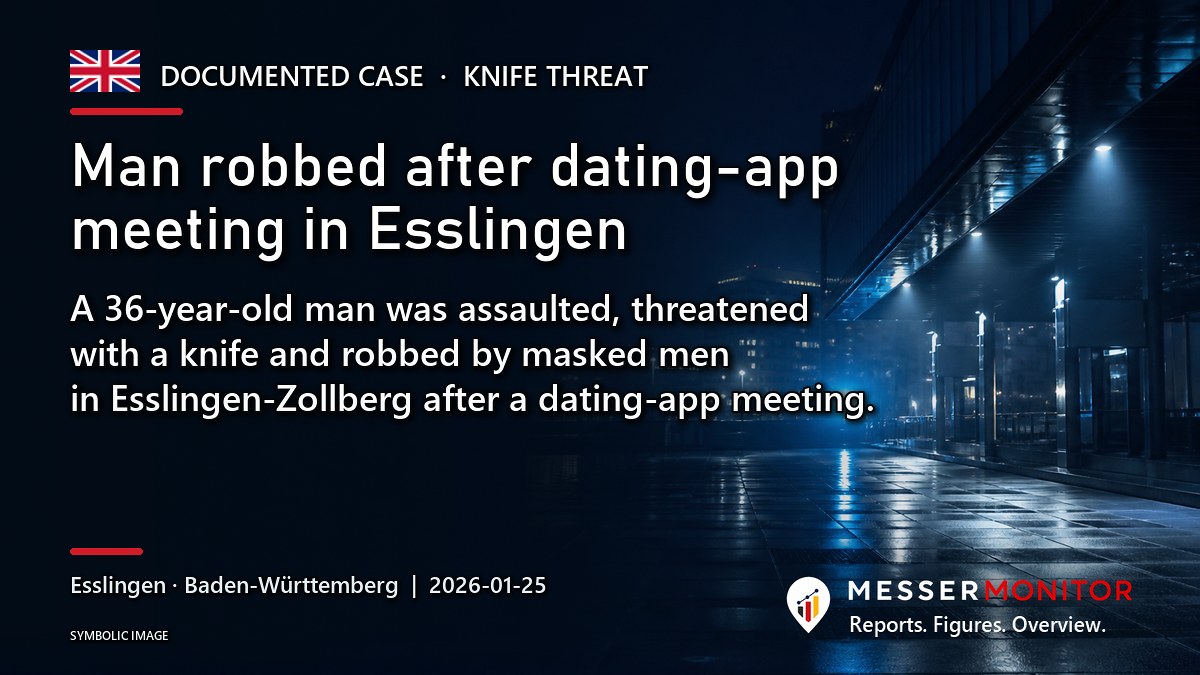 Title image: Man robbed after dating-app meeting in Esslingen. A 36-year-old man was assaulted, threatened with a knife and robbed by masked men in Esslingen-Zollberg after a dating-app meeting..