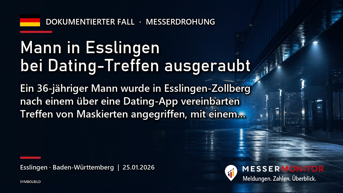 Titelgrafik: Mann in Esslingen bei Dating-Treffen ausgeraubt. Ein 36-jähriger Mann wurde in Esslingen-Zollberg nach einem über eine Dating-App vereinbarten Treffen von Maskierten angegriffen, mit einem….