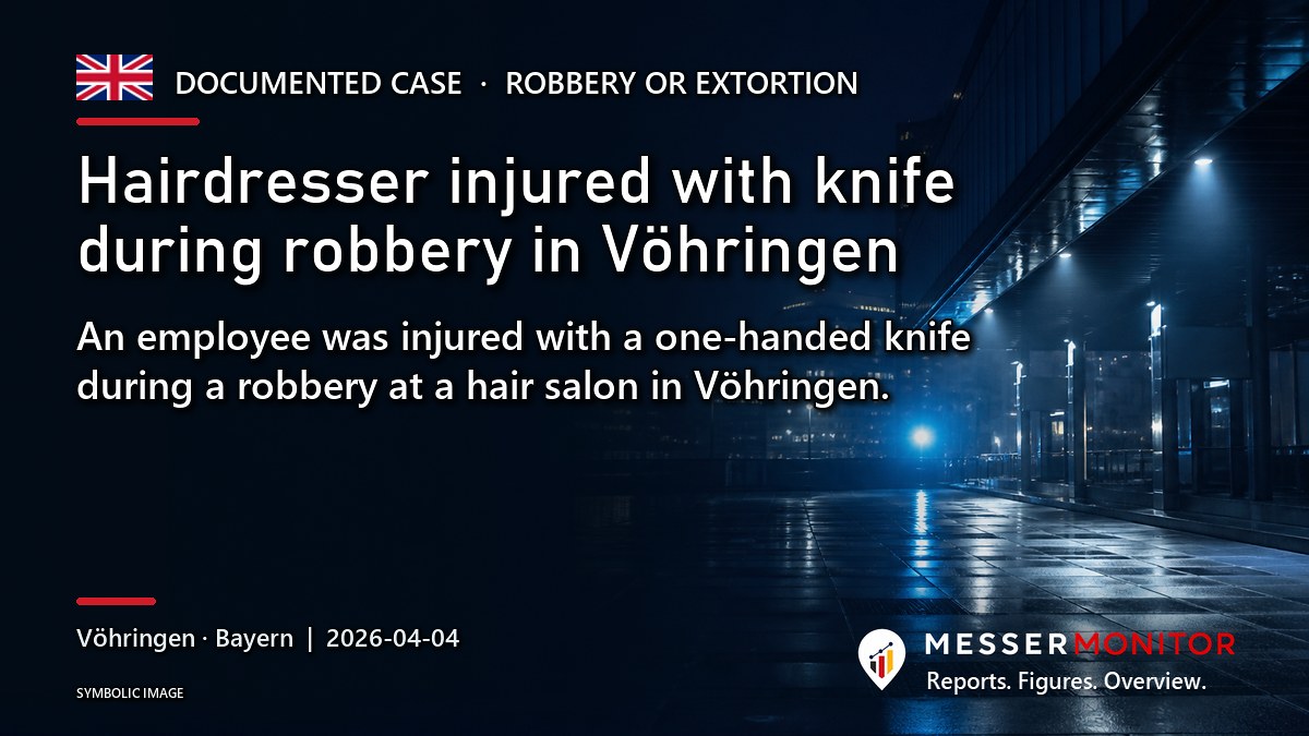 Title image: Hairdresser injured with knife during robbery in Vöhringen. An employee was injured with a one-handed knife during a robbery at a hair salon in Vöhringen..