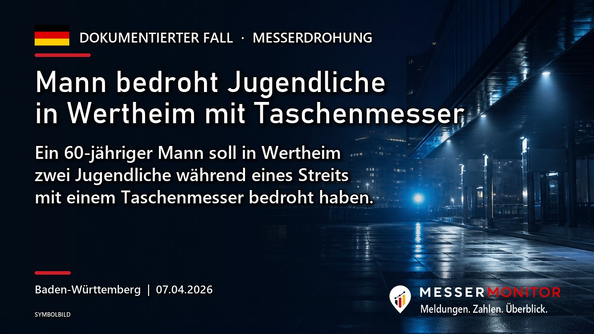 Titelgrafik: Mann bedroht Jugendliche in Wertheim mit Taschenmesser. Ein 60-jähriger Mann soll in Wertheim zwei Jugendliche während eines Streits mit einem Taschenmesser bedroht haben..