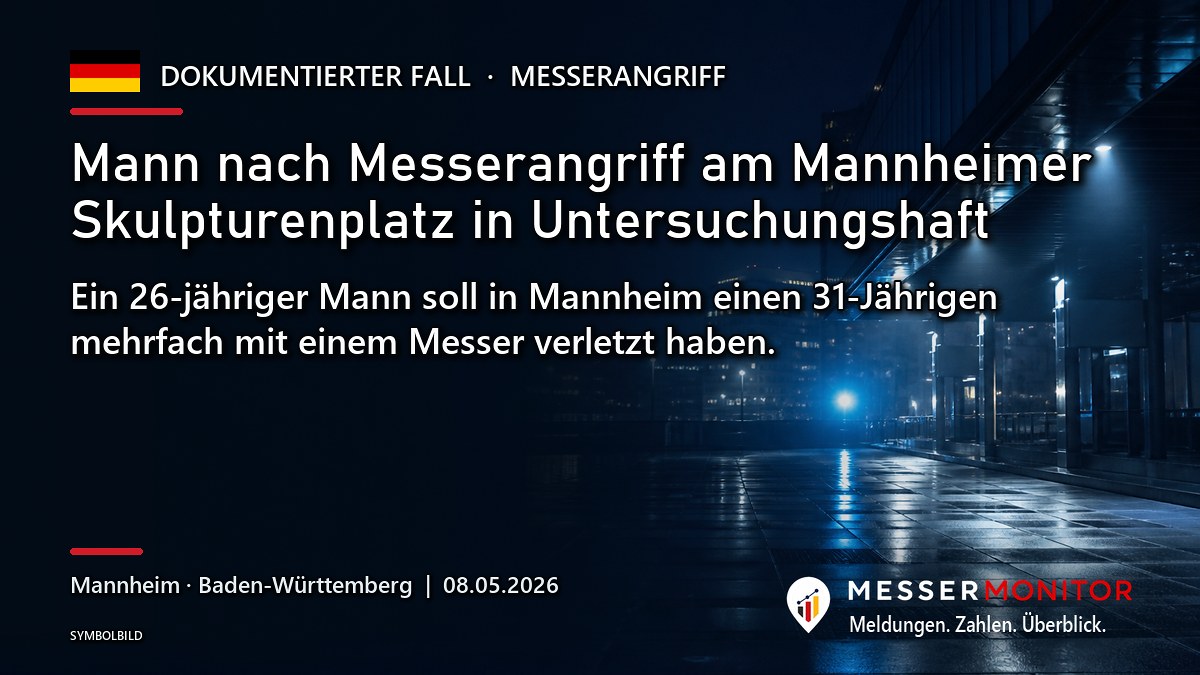 Titelgrafik: Mann nach Messerangriff am Mannheimer Skulpturenplatz in Untersuchungshaft. Ein 26-jähriger Mann soll in Mannheim einen 31-Jährigen mehrfach mit einem Messer verletzt haben..