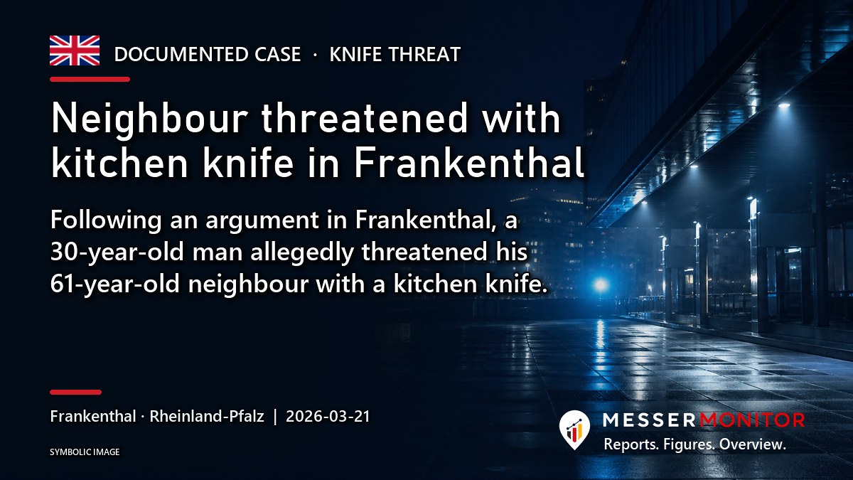 Title image: Neighbour threatened with kitchen knife in Frankenthal. Following an argument in Frankenthal, a 30-year-old man allegedly threatened his 61-year-old neighbour with a kitchen knife..