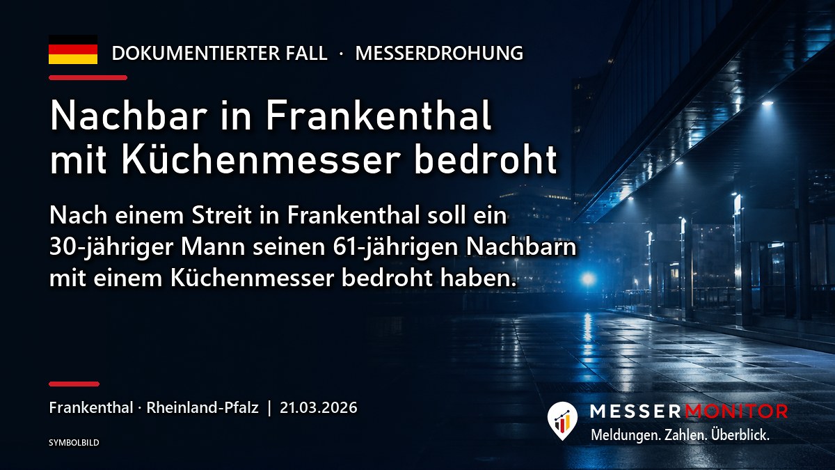 Titelgrafik: Nachbar in Frankenthal mit Küchenmesser bedroht. Nach einem Streit in Frankenthal soll ein 30-jähriger Mann seinen 61-jährigen Nachbarn mit einem Küchenmesser bedroht haben..