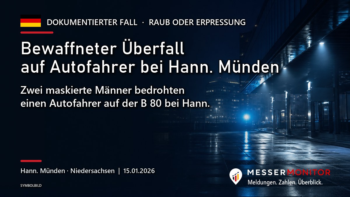 Titelgrafik: Bewaffneter Überfall auf Autofahrer bei Hann. Münden. Zwei maskierte Männer bedrohten einen Autofahrer auf der B 80 bei Hann..