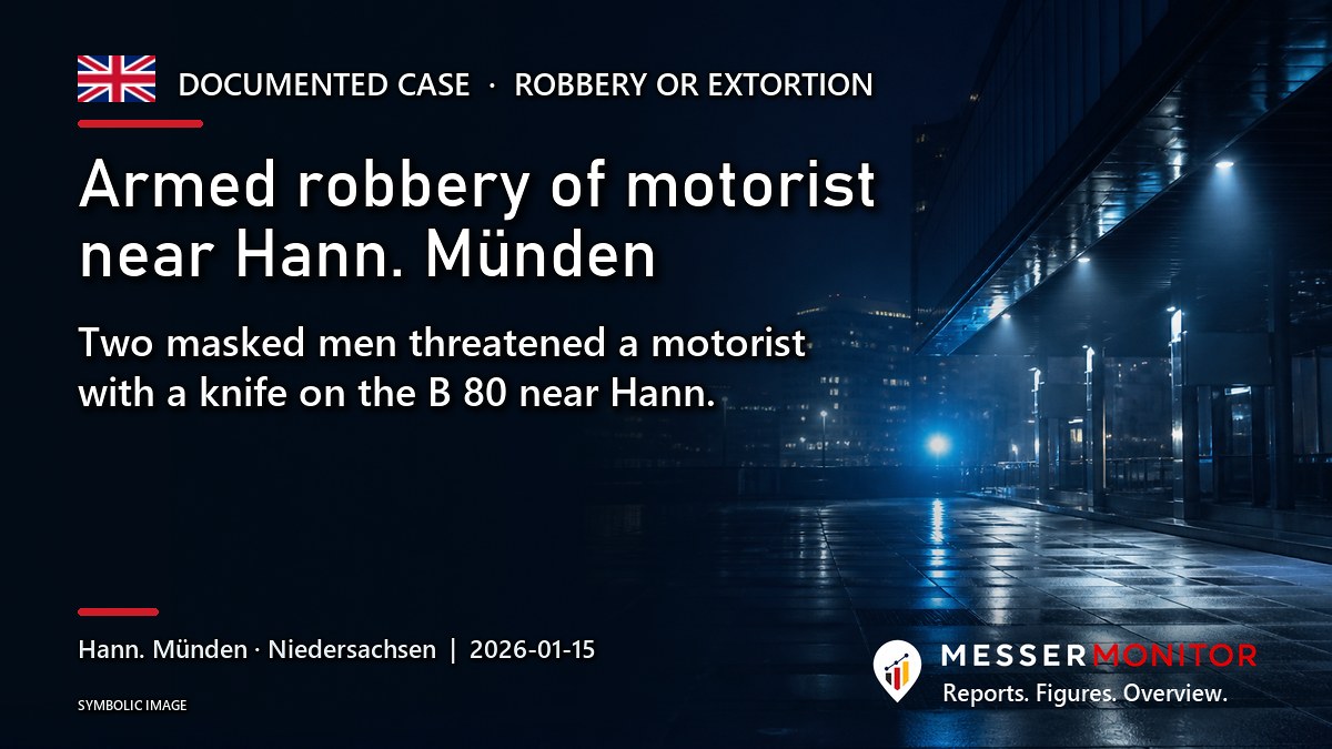 Title image: Armed robbery of motorist near Hann. Münden. Two masked men threatened a motorist with a knife on the B 80 near Hann..