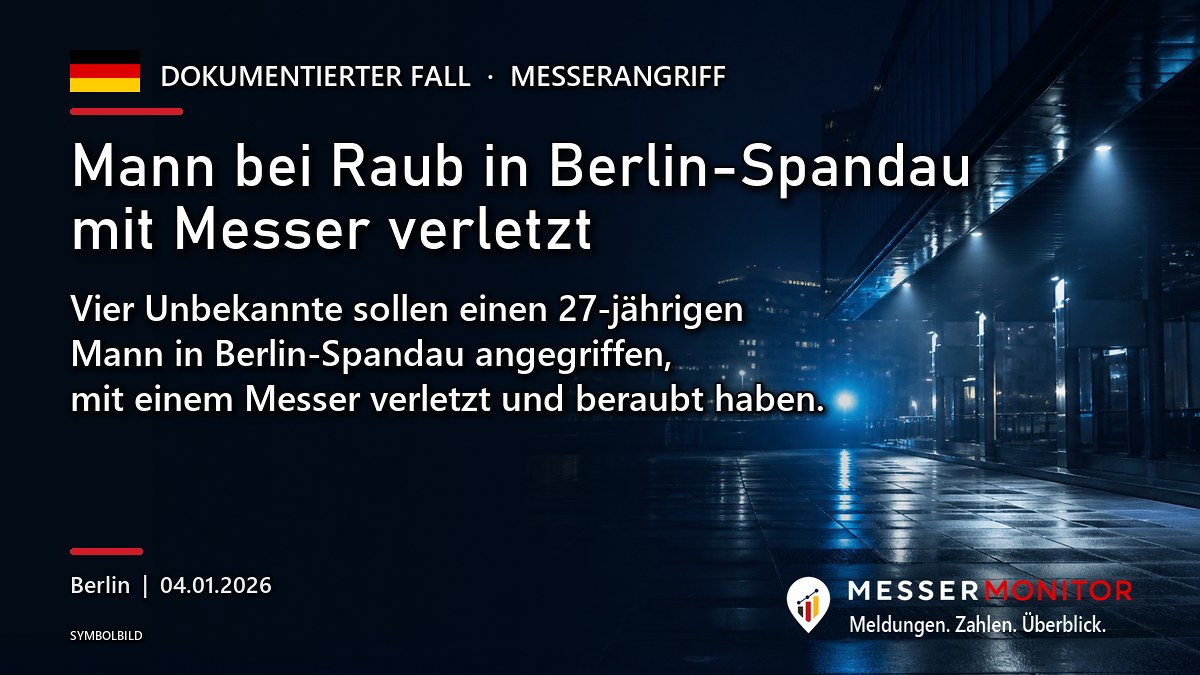 Titelgrafik: Mann bei Raub in Berlin-Spandau mit Messer verletzt. Vier Unbekannte sollen einen 27-jährigen Mann in Berlin-Spandau angegriffen, mit einem Messer verletzt und beraubt haben..