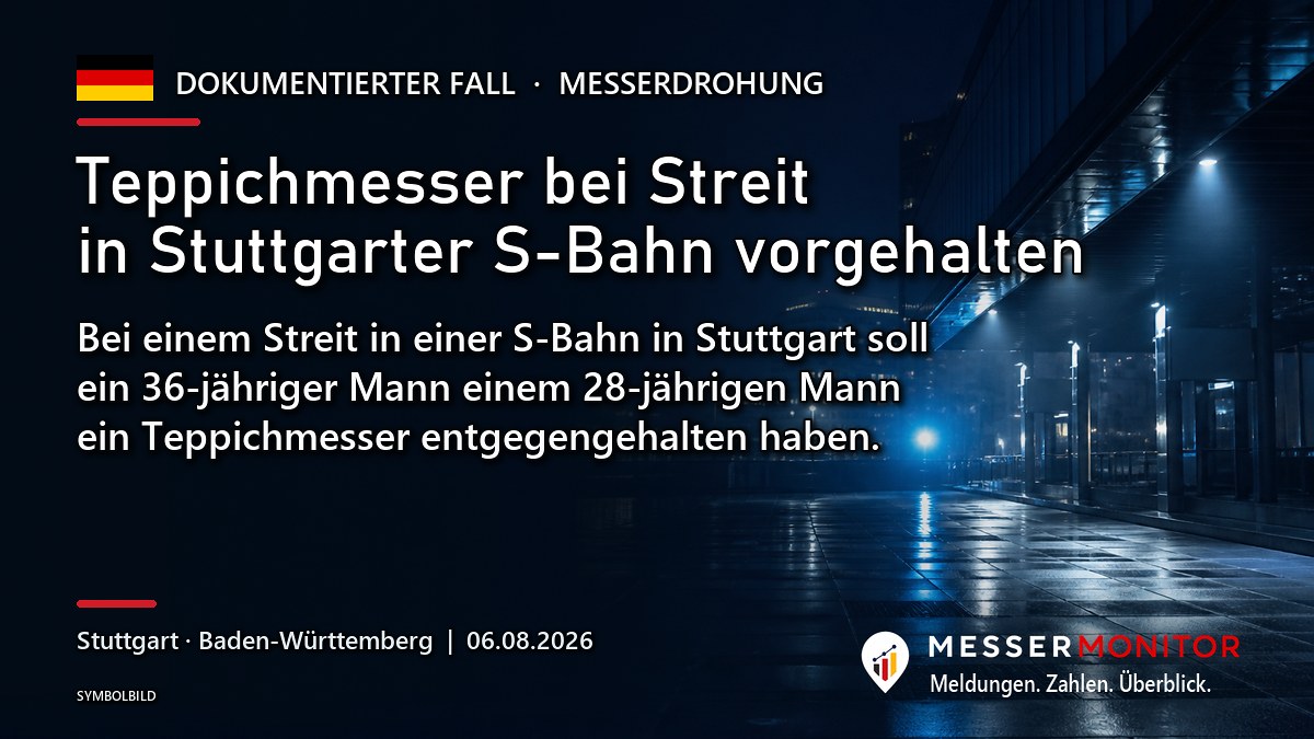 Titelgrafik: Teppichmesser bei Streit in Stuttgarter S-Bahn vorgehalten. Bei einem Streit in einer S-Bahn in Stuttgart soll ein 36-jähriger Mann einem 28-jährigen Mann ein Teppichmesser entgegengehalten haben..