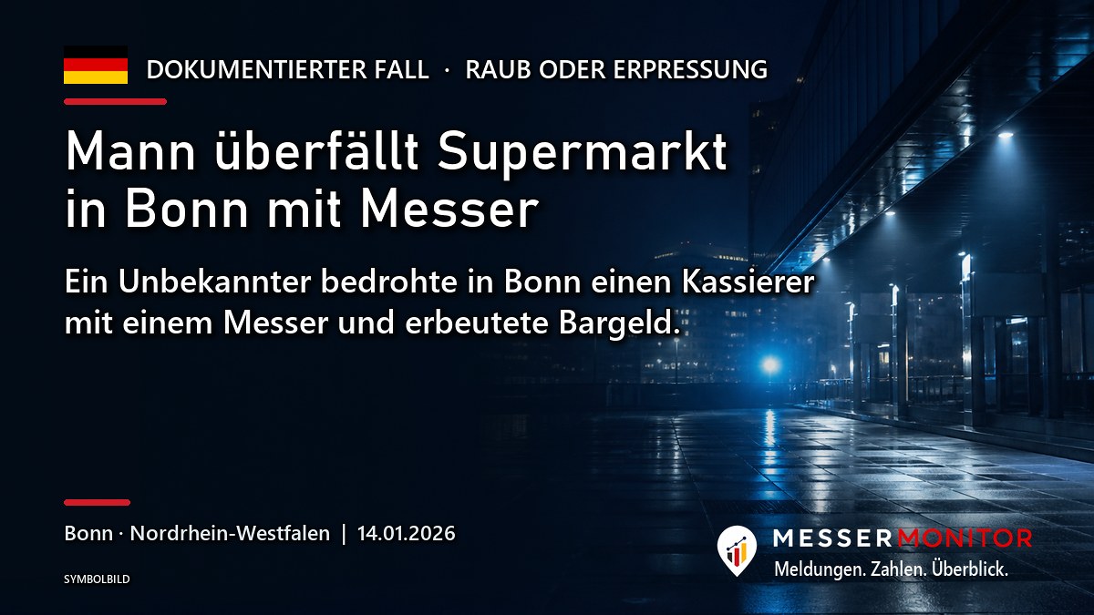 Titelgrafik: Mann überfällt Supermarkt in Bonn mit Messer. Ein Unbekannter bedrohte in Bonn einen Kassierer mit einem Messer und erbeutete Bargeld..