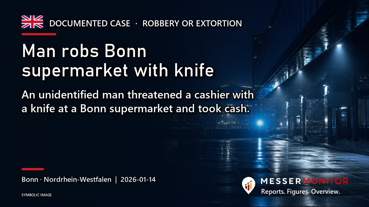Title image: Man robs Bonn supermarket with knife. An unidentified man threatened a cashier with a knife at a Bonn supermarket and took cash..