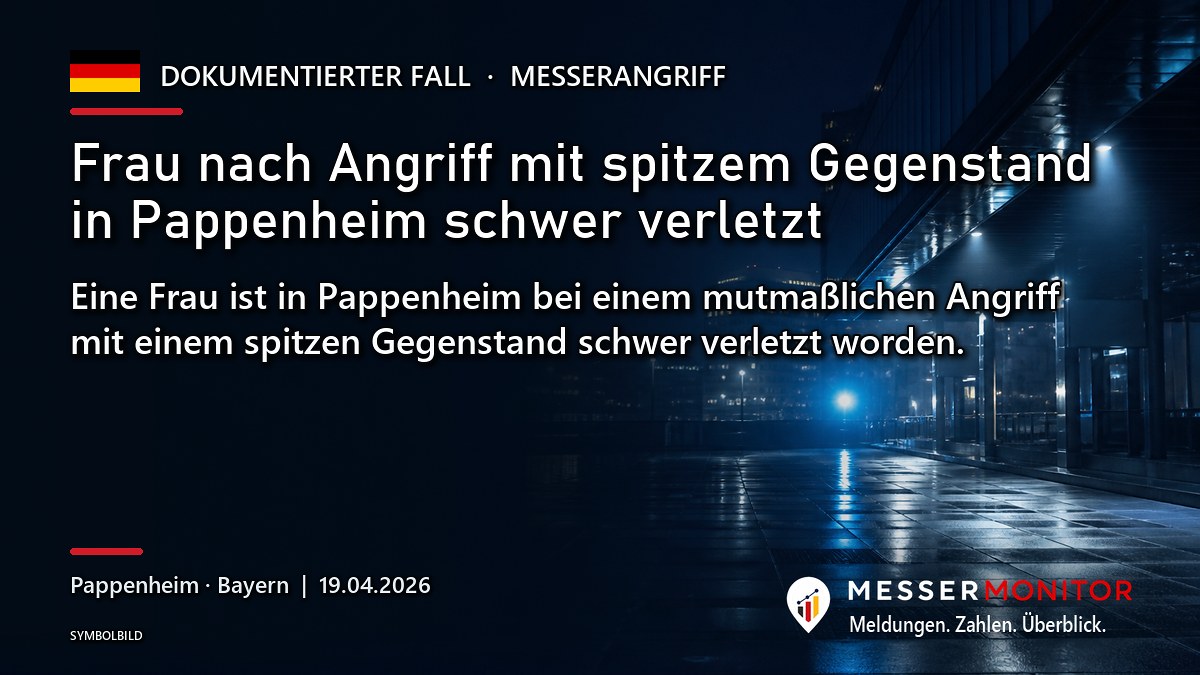 Titelgrafik: Frau nach Angriff mit spitzem Gegenstand in Pappenheim schwer verletzt. Eine Frau ist in Pappenheim bei einem mutmaßlichen Angriff mit einem spitzen Gegenstand schwer verletzt worden..