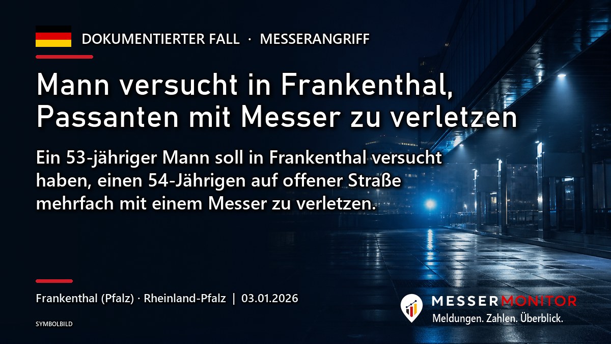 Titelgrafik: Mann versucht in Frankenthal, Passanten mit Messer zu verletzen. Ein 53-jähriger Mann soll in Frankenthal versucht haben, einen 54-Jährigen auf offener Straße mehrfach mit einem Messer zu verletzen..