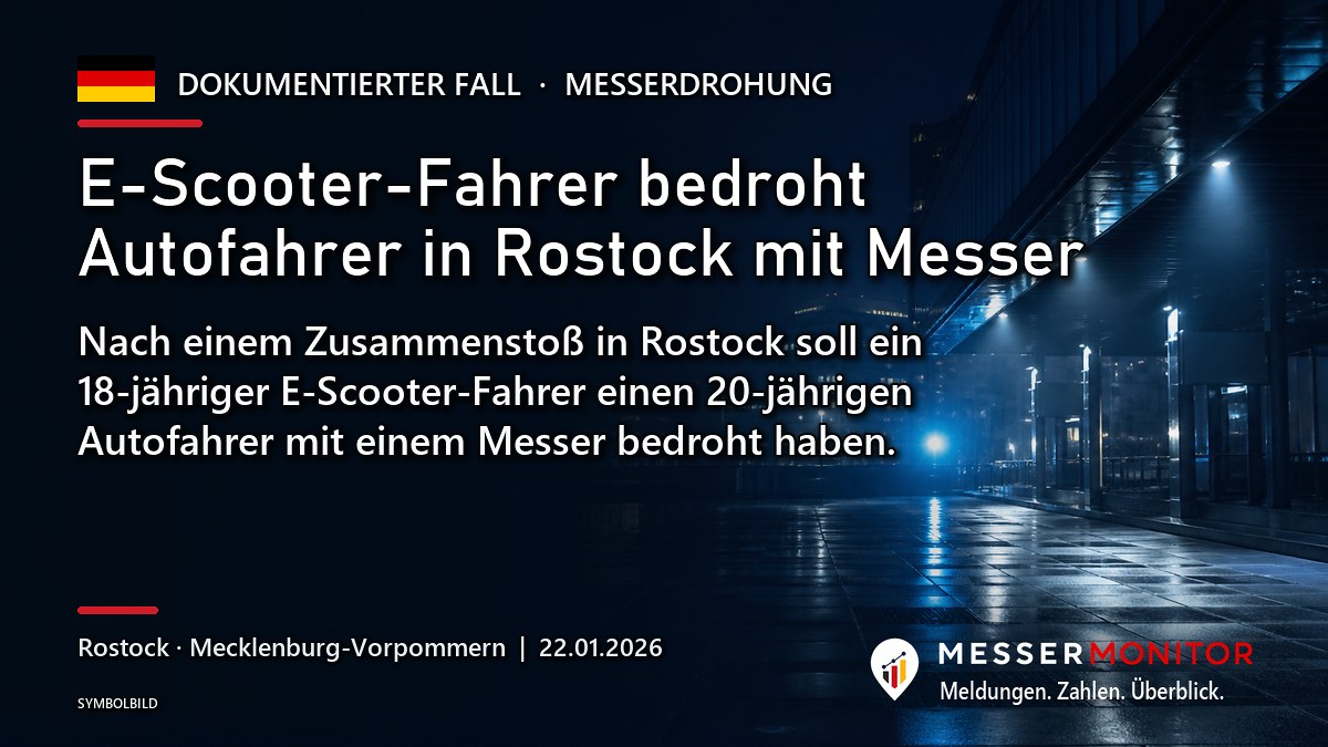 Titelgrafik: E-Scooter-Fahrer bedroht Autofahrer in Rostock mit Messer. Nach einem Zusammenstoß in Rostock soll ein 18-jähriger E-Scooter-Fahrer einen 20-jährigen Autofahrer mit einem Messer bedroht haben..