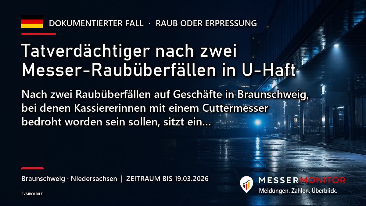 Titelgrafik: Tatverdächtiger nach zwei Messer-Raubüberfällen in U-Haft. Nach zwei Raubüberfällen auf Geschäfte in Braunschweig, bei denen Kassiererinnen mit einem Cuttermesser bedroht worden sein sollen, sitzt ein….
