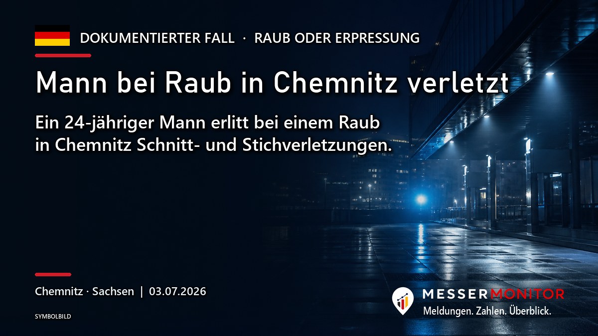 Titelgrafik: Mann bei Raub in Chemnitz verletzt. Ein 24-jähriger Mann erlitt bei einem Raub in Chemnitz Schnitt- und Stichverletzungen..