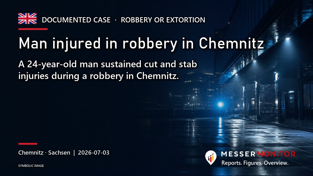 Title image: Man injured in robbery in Chemnitz. A 24-year-old man sustained cut and stab injuries during a robbery in Chemnitz..