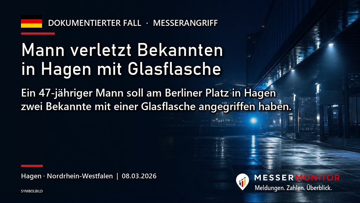 Titelgrafik: Mann verletzt Bekannten in Hagen mit Glasflasche. Ein 47-jähriger Mann soll am Berliner Platz in Hagen zwei Bekannte mit einer Glasflasche angegriffen haben..