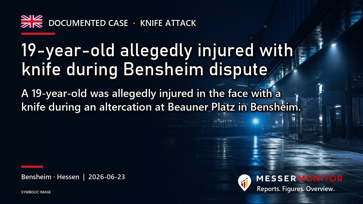 Title image: 19-year-old allegedly injured with knife during Bensheim dispute. A 19-year-old was allegedly injured in the face with a knife during an altercation at Beauner Platz in Bensheim..