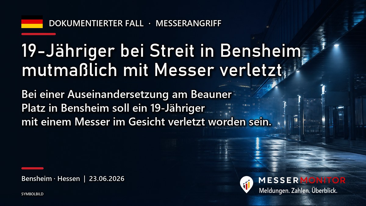 Titelgrafik: 19-Jähriger bei Streit in Bensheim mutmaßlich mit Messer verletzt. Bei einer Auseinandersetzung am Beauner Platz in Bensheim soll ein 19-Jähriger mit einem Messer im Gesicht verletzt worden sein..