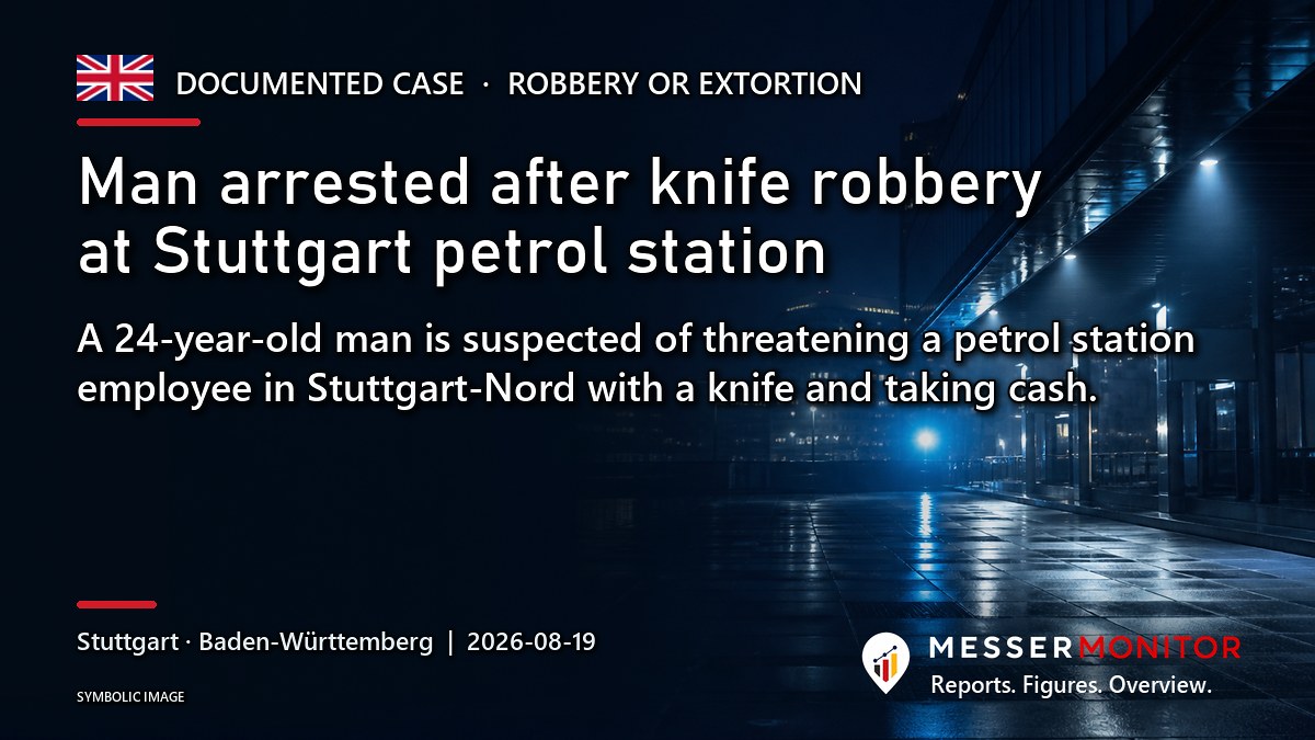 Title image: Man arrested after knife robbery at Stuttgart petrol station. A 24-year-old man is suspected of threatening a petrol station employee in Stuttgart-Nord with a knife and taking cash..