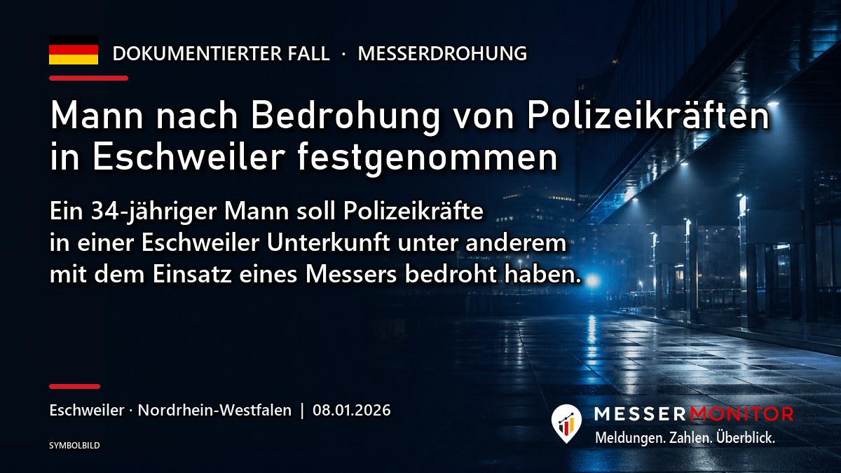 Titelgrafik: Mann nach Bedrohung von Polizeikräften in Eschweiler festgenommen. Ein 34-jähriger Mann soll Polizeikräfte in einer Eschweiler Unterkunft unter anderem mit dem Einsatz eines Messers bedroht haben..