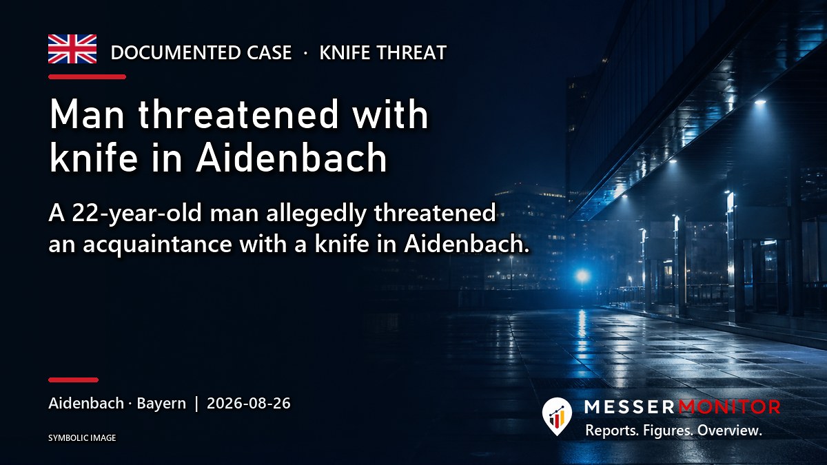 Title image: Man threatened with knife in Aidenbach. A 22-year-old man allegedly threatened an acquaintance with a knife in Aidenbach..