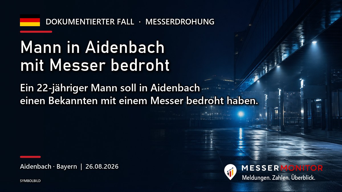 Titelgrafik: Mann in Aidenbach mit Messer bedroht. Ein 22-jähriger Mann soll in Aidenbach einen Bekannten mit einem Messer bedroht haben..