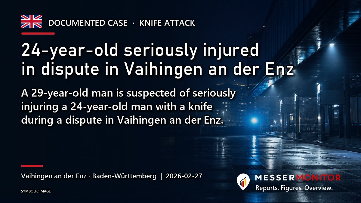Title image: 24-year-old seriously injured in dispute in Vaihingen an der Enz. A 29-year-old man is suspected of seriously injuring a 24-year-old man with a knife during a dispute in Vaihingen an der Enz..