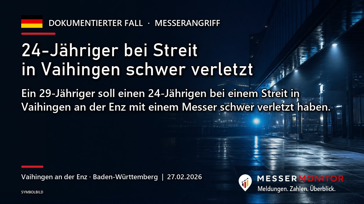 Titelgrafik: 24-Jähriger bei Streit in Vaihingen schwer verletzt. Ein 29-Jähriger soll einen 24-Jährigen bei einem Streit in Vaihingen an der Enz mit einem Messer schwer verletzt haben..