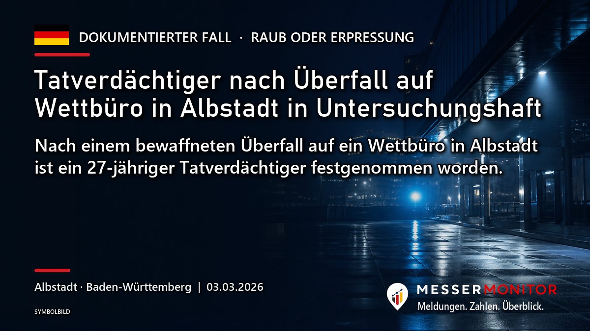 Titelgrafik: Tatverdächtiger nach Überfall auf Wettbüro in Albstadt in Untersuchungshaft. Nach einem bewaffneten Überfall auf ein Wettbüro in Albstadt ist ein 27-jähriger Tatverdächtiger festgenommen worden..