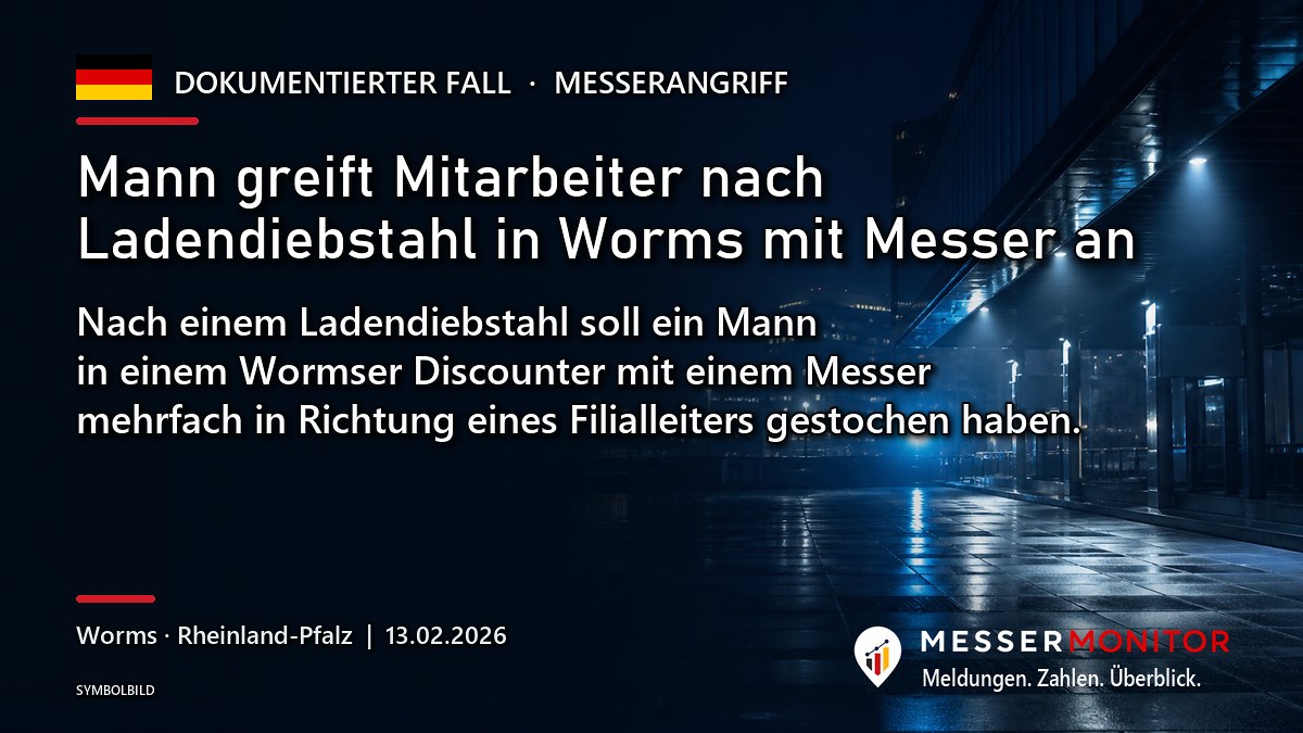 Titelgrafik: Mann greift Mitarbeiter nach Ladendiebstahl in Worms mit Messer an. Nach einem Ladendiebstahl soll ein Mann in einem Wormser Discounter mit einem Messer mehrfach in Richtung eines Filialleiters gestochen haben..