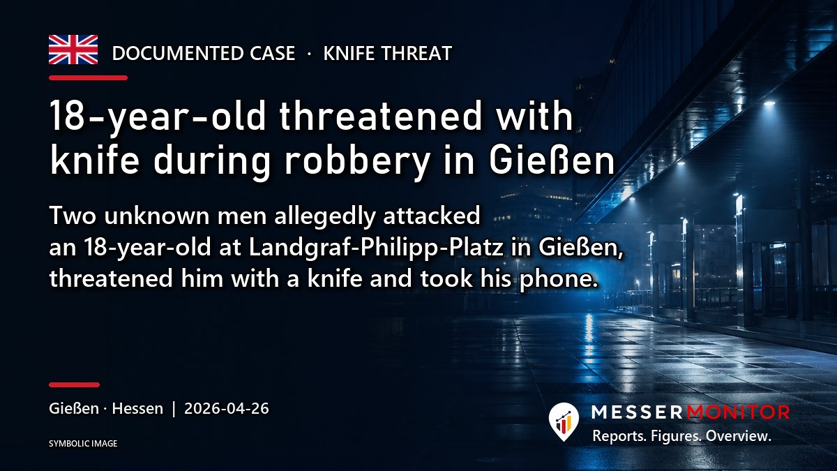 Title image: 18-year-old threatened with knife during robbery in Gießen. Two unknown men allegedly attacked an 18-year-old at Landgraf-Philipp-Platz in Gießen, threatened him with a knife and took his phone..