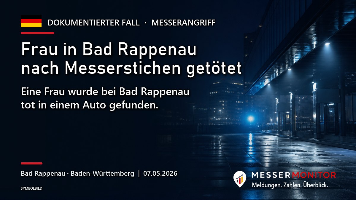 Titelgrafik: Frau in Bad Rappenau nach Messerstichen getötet. Eine Frau wurde bei Bad Rappenau tot in einem Auto gefunden..