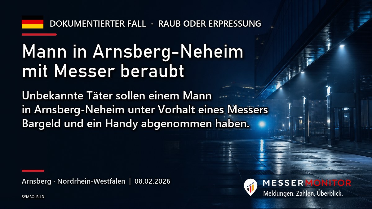 Titelgrafik: Mann in Arnsberg-Neheim mit Messer beraubt. Unbekannte Täter sollen einem Mann in Arnsberg-Neheim unter Vorhalt eines Messers Bargeld und ein Handy abgenommen haben..