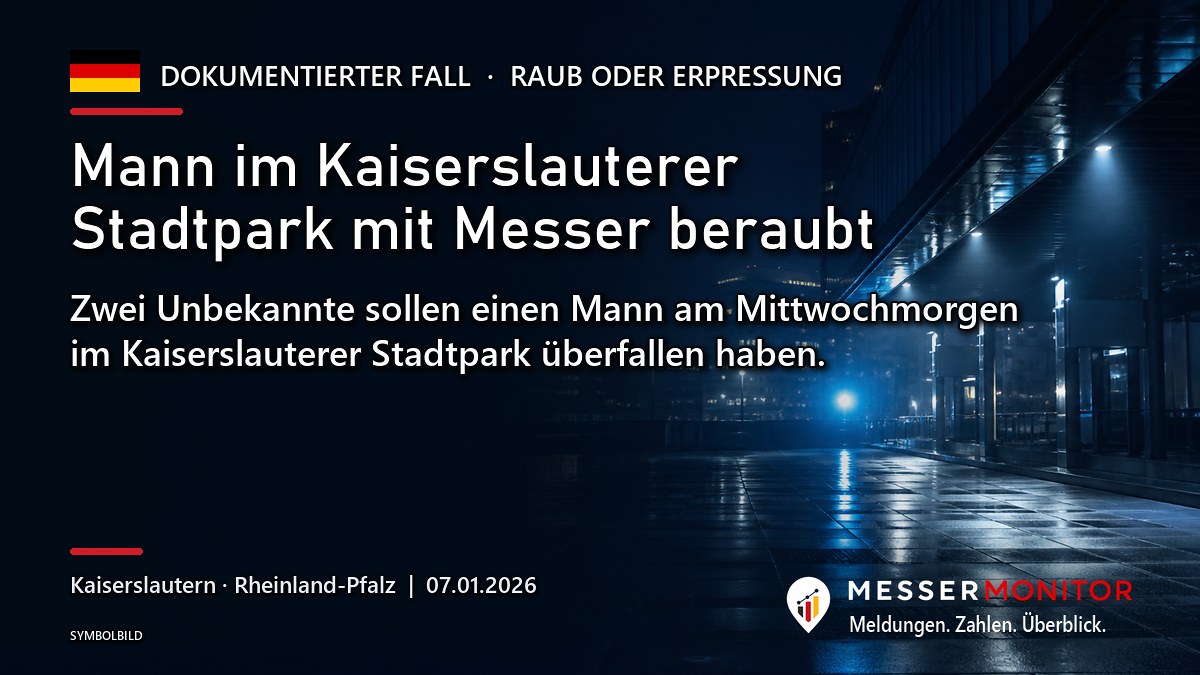 Titelgrafik: Mann im Kaiserslauterer Stadtpark mit Messer beraubt. Zwei Unbekannte sollen einen Mann am Mittwochmorgen im Kaiserslauterer Stadtpark überfallen haben..