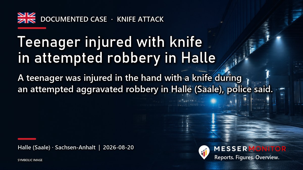 Title image: Teenager injured with knife in attempted robbery in Halle. A teenager was injured in the hand with a knife during an attempted aggravated robbery in Halle (Saale), police said..
