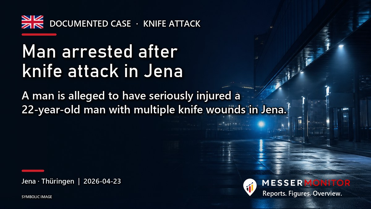 Title image: Man arrested after knife attack in Jena. A man is alleged to have seriously injured a 22-year-old man with multiple knife wounds in Jena..