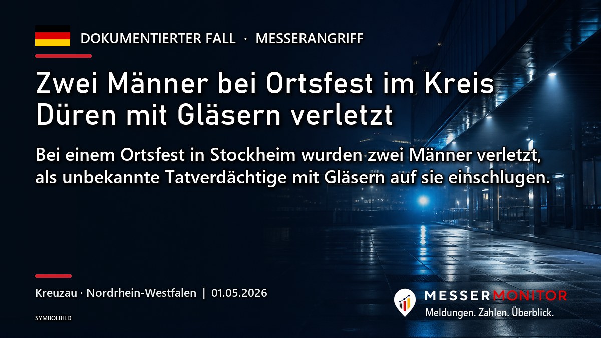 Titelgrafik: Zwei Männer bei Ortsfest im Kreis Düren mit Gläsern verletzt. Bei einem Ortsfest in Stockheim wurden zwei Männer verletzt, als unbekannte Tatverdächtige mit Gläsern auf sie einschlugen..