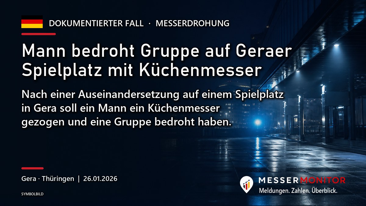 Titelgrafik: Mann bedroht Gruppe auf Geraer Spielplatz mit Küchenmesser. Nach einer Auseinandersetzung auf einem Spielplatz in Gera soll ein Mann ein Küchenmesser gezogen und eine Gruppe bedroht haben..