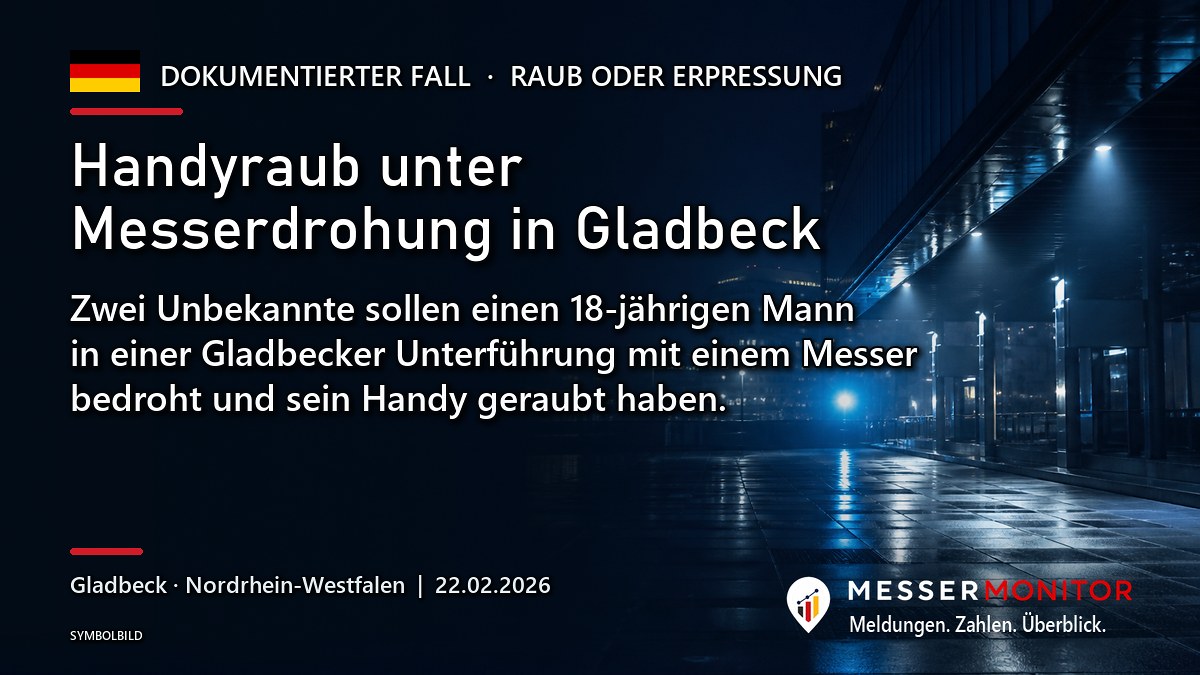 Titelgrafik: Handyraub unter Messerdrohung in Gladbeck. Zwei Unbekannte sollen einen 18-jährigen Mann in einer Gladbecker Unterführung mit einem Messer bedroht und sein Handy geraubt haben..