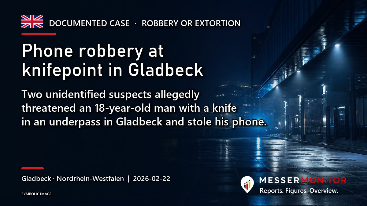 Title image: Phone robbery at knifepoint in Gladbeck. Two unidentified suspects allegedly threatened an 18-year-old man with a knife in an underpass in Gladbeck and stole his phone..