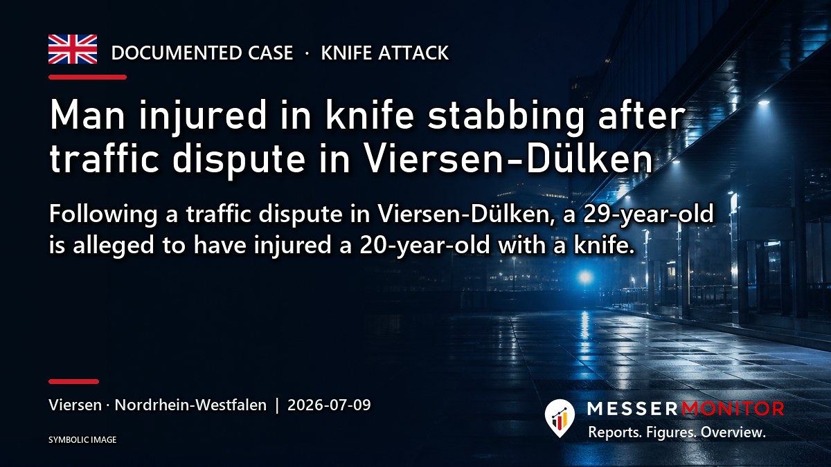 Title image: Man injured in knife stabbing after traffic dispute in Viersen-Dülken. Following a traffic dispute in Viersen-Dülken, a 29-year-old is alleged to have injured a 20-year-old with a knife..