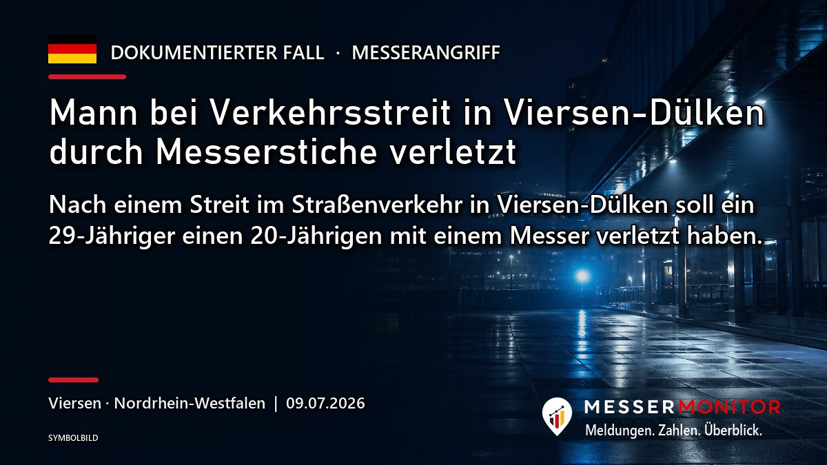 Titelgrafik: Mann bei Verkehrsstreit in Viersen-Dülken durch Messerstiche verletzt. Nach einem Streit im Straßenverkehr in Viersen-Dülken soll ein 29-Jähriger einen 20-Jährigen mit einem Messer verletzt haben..