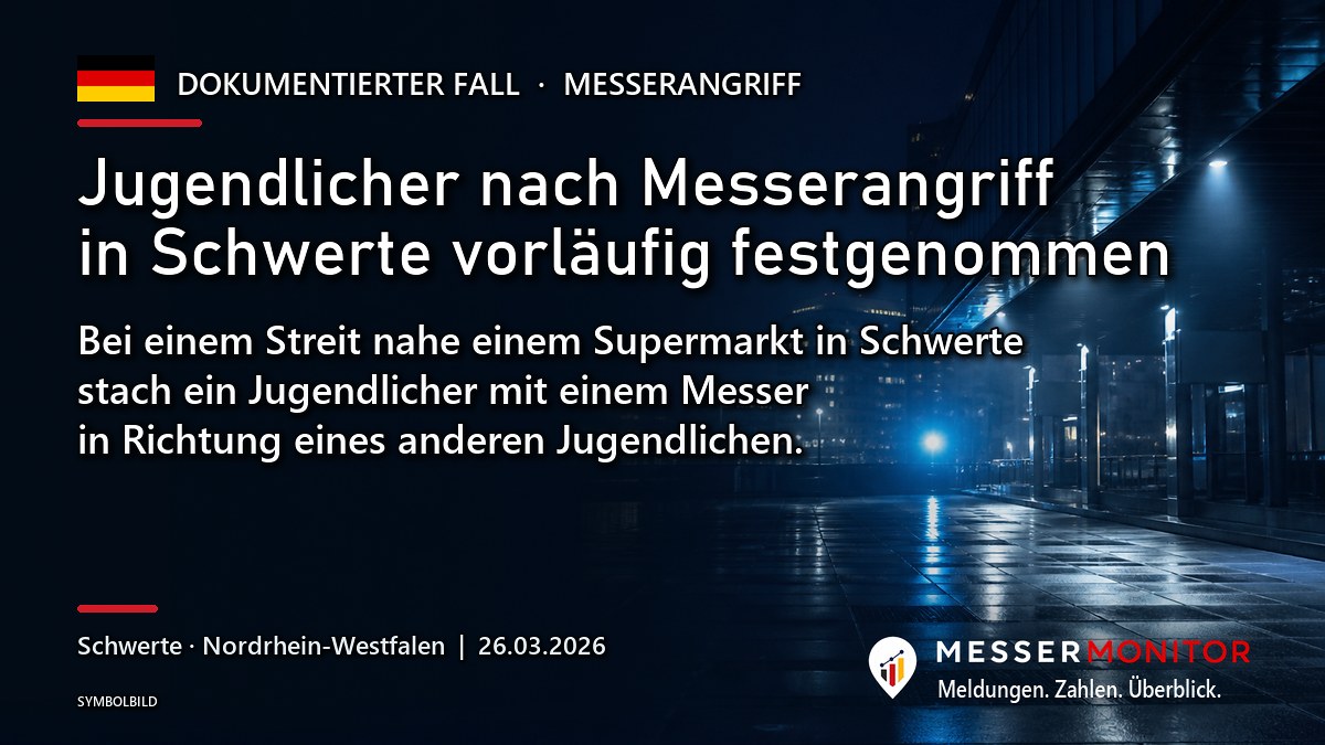 Titelgrafik: Jugendlicher nach Messerangriff in Schwerte vorläufig festgenommen. Bei einem Streit nahe einem Supermarkt in Schwerte stach ein Jugendlicher mit einem Messer in Richtung eines anderen Jugendlichen..
