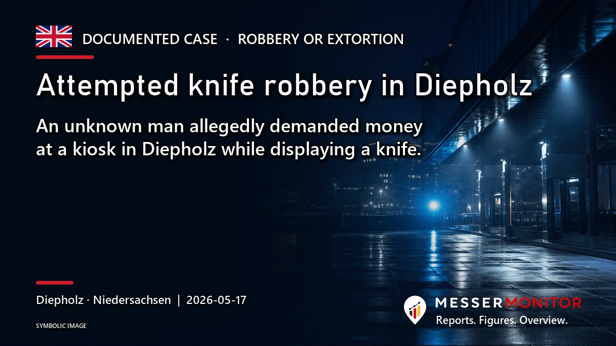 Title image: Attempted knife robbery in Diepholz. An unknown man allegedly demanded money at a kiosk in Diepholz while displaying a knife..
