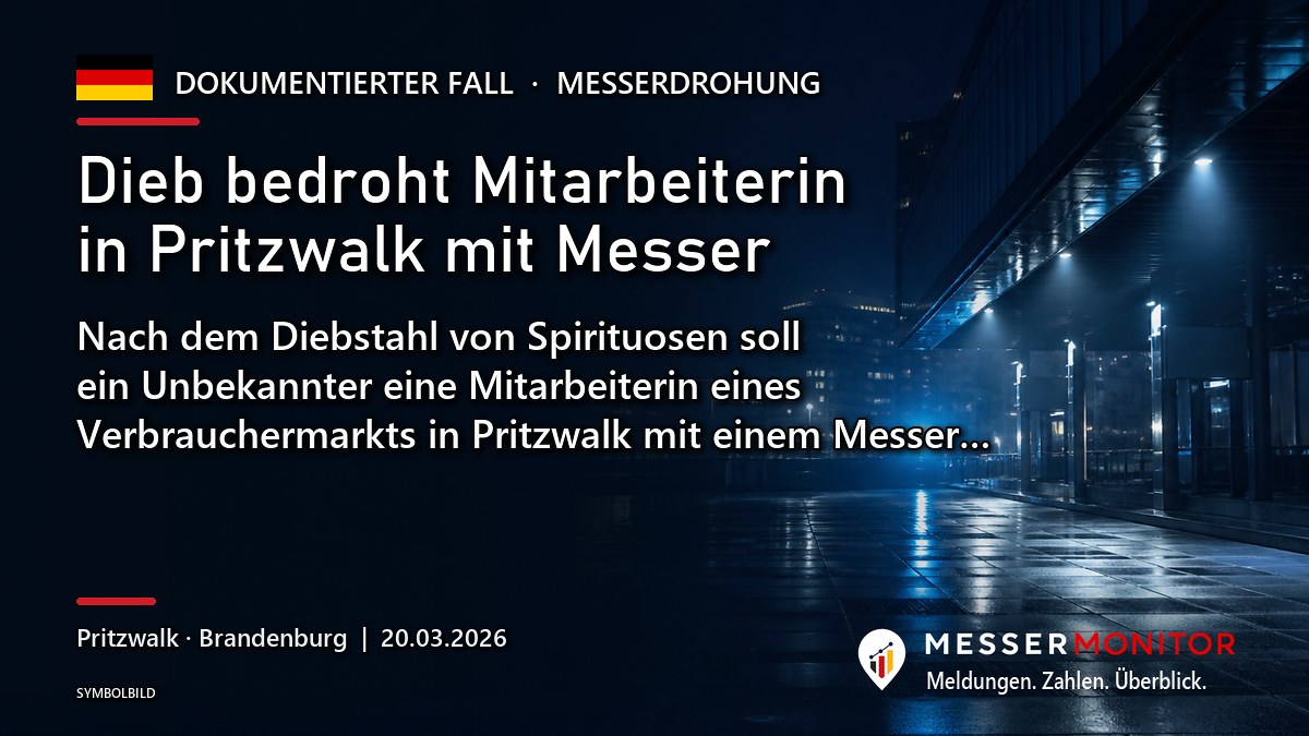Titelgrafik: Dieb bedroht Mitarbeiterin in Pritzwalk mit Messer. Nach dem Diebstahl von Spirituosen soll ein Unbekannter eine Mitarbeiterin eines Verbrauchermarkts in Pritzwalk mit einem Messer….