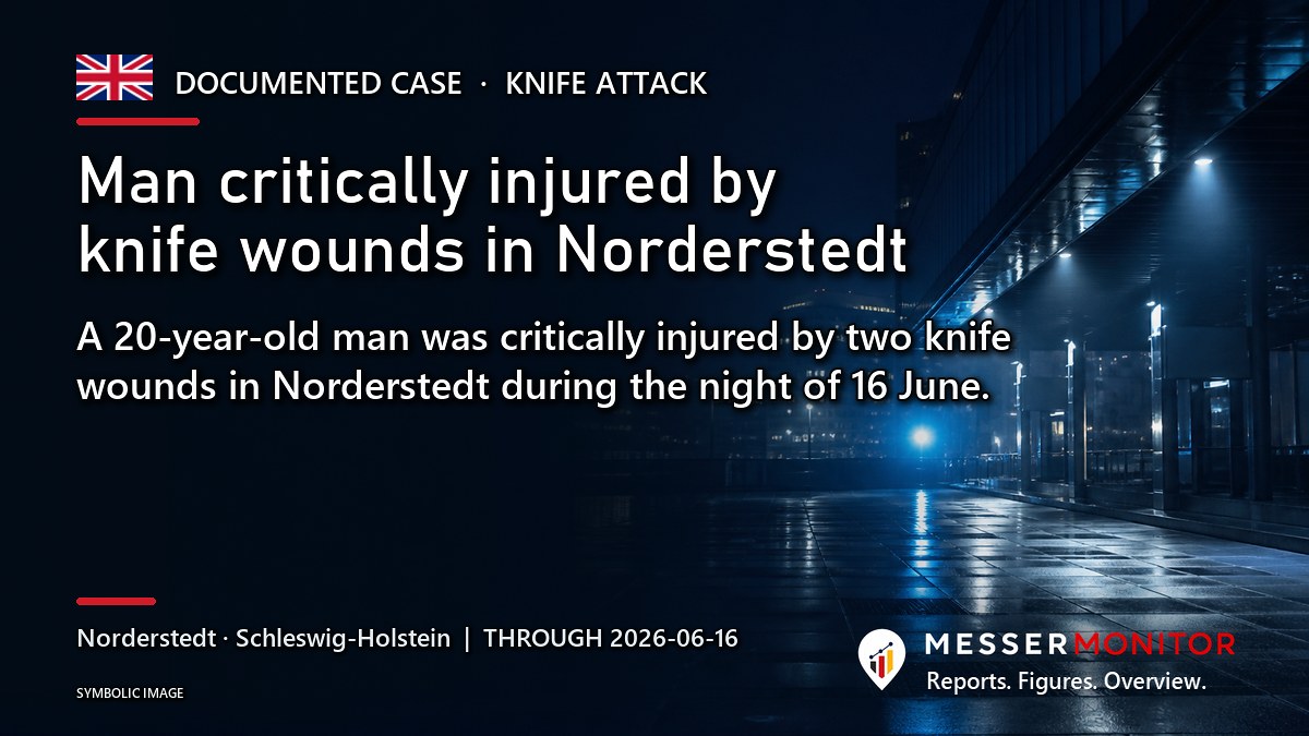 Title image: Man critically injured by knife wounds in Norderstedt. A 20-year-old man was critically injured by two knife wounds in Norderstedt during the night of 16 June..